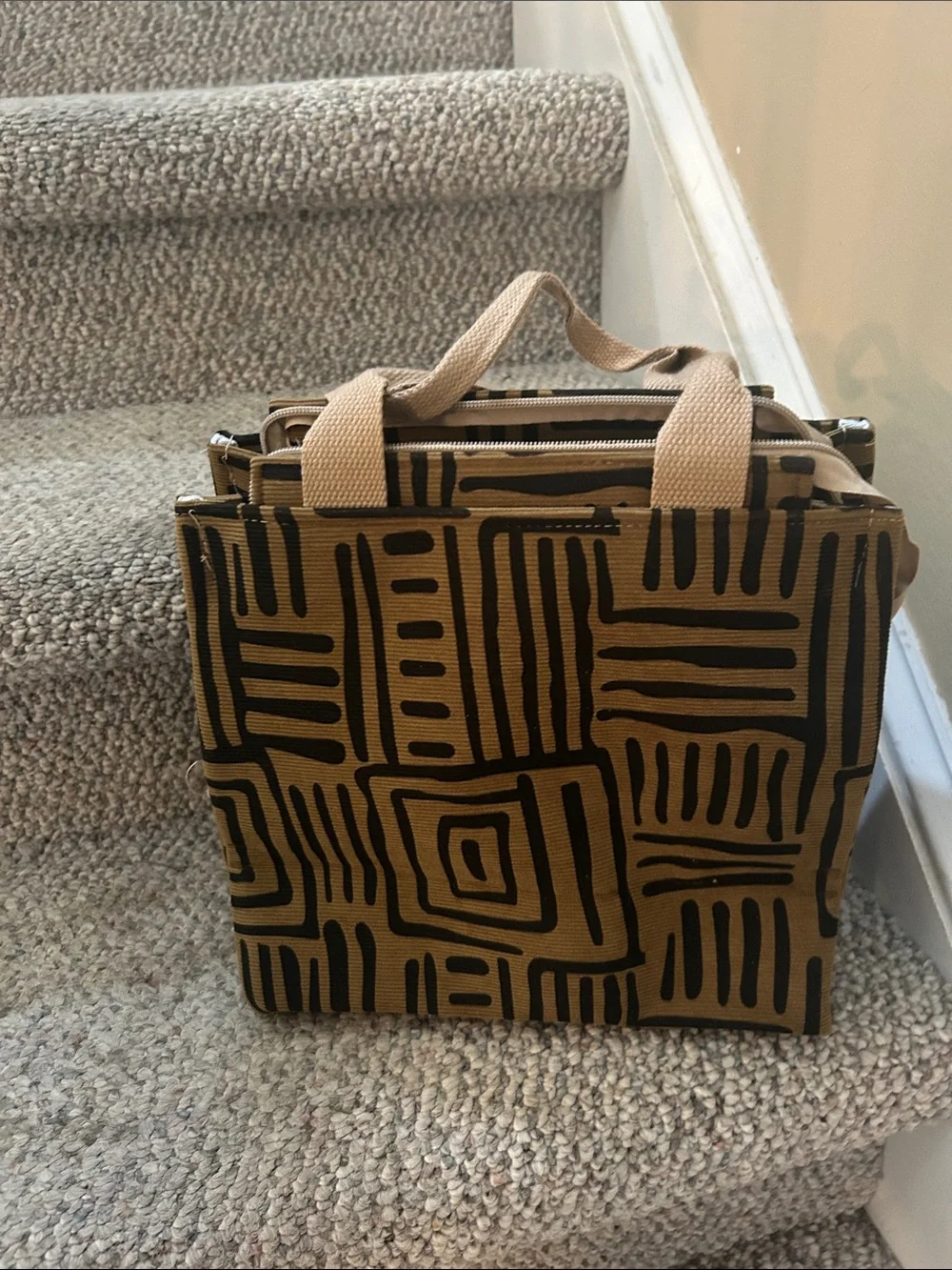Tan and Black Patterned Tote Bag